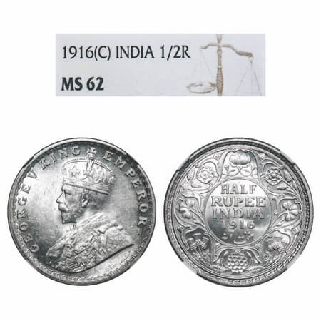 George V, Silver, Half Rupee, 1916, Calcutta Mint, No dot. F. Prid 323. GK 1053. NGC Slabb