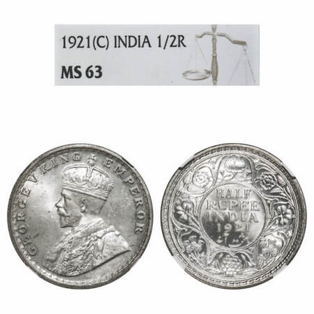 George V, Silver, Half Rupee, 1921, Calcutta Mint, No dot. F. Prid 324. GK 1058. NGC Slabb