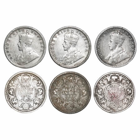 George V, Silver, Half Rupee (3 coins), 1) 1921, Calcutta Mint, No dot, 2) 1922, Calcutta 