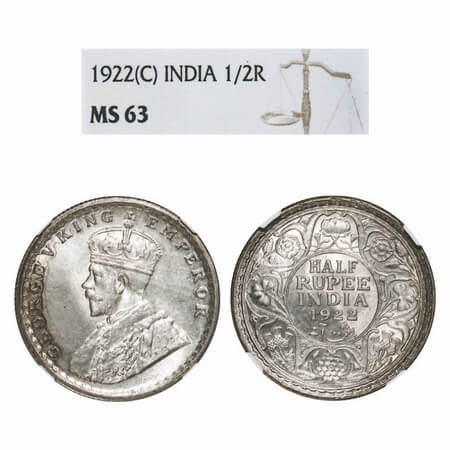 George V, Silver, Half Rupee, 1922, Calcutta Mint, No dot. F. Prid 325. GK 1059. NGC Slabb