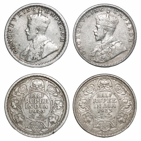 George V, Silver, Half Rupee, 1923 (2 coins), 1) Calcutta Mint, No dot, 2) Bombay Mint, Do