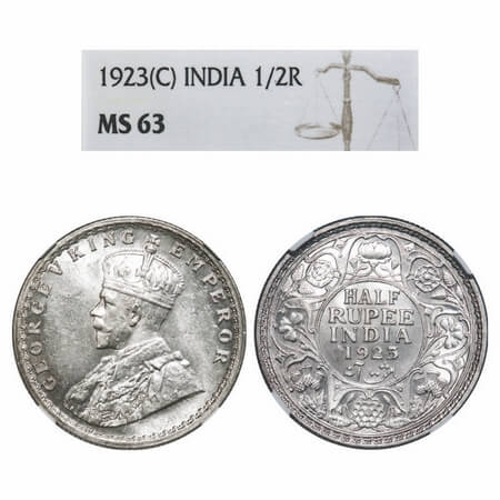 George V, Silver, Half Rupee, 1923, Calcutta Mint, No dot. F. Pri 326. GK 1061. NGC Slabbe