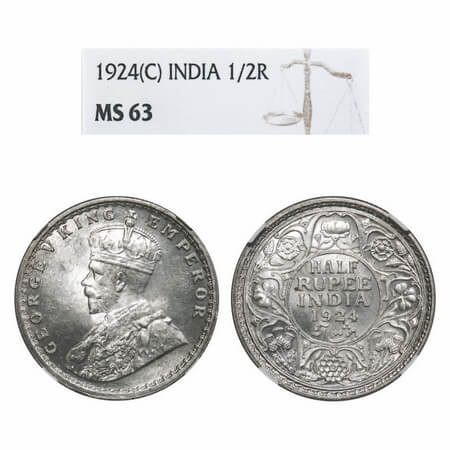 George V, Silver, Half Rupee, 1924, Calcutta Mint, No dot. F. Prid 327. GK 1063. NGC Slabb