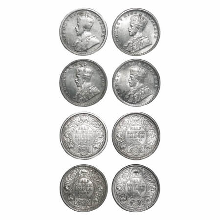 George V, Silver, Half Rupee (4 coins), 1 & 2) 1924, Calcutta Mint, No dot, 3) 1925, Calcu