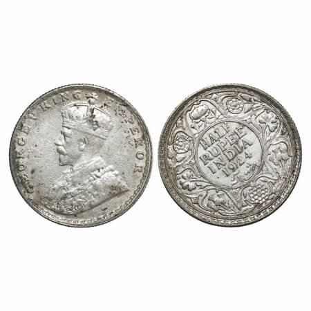 George V, Silver, Half Rupee, 1924, Bombay Mint, Dot, 11'0 clock on Rev. F. Prid 346. GK 1