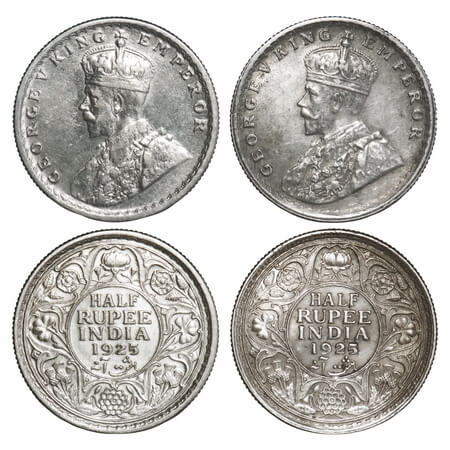 George V, SIlver, Half Rupee, 1925 (2 coins), Calcutta Mint, No dot. F. Prid 328(2). GK 10