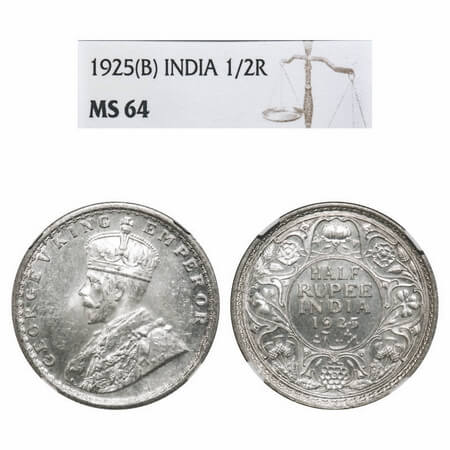 George V, Silver, Half Rupee, 1925, Bombay Mint, Dot. F. Prid 347. GK 1066. NGC Slabbed MS