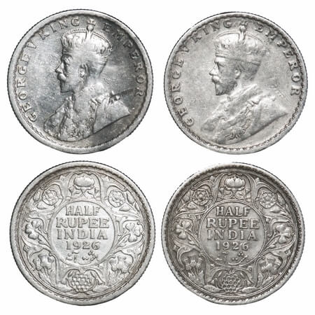 George V, Silver, Half Rupee, 1926 (2 coins), 1) Bombay Mint, Dot, 2) Calcutta Mint, No do