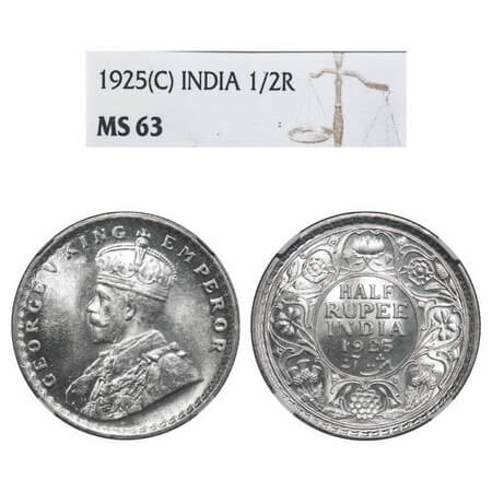 George V, Silver, Half Rupee, 1926, Calcutta Mint, No dot. F. Prid 329. GK 1067. NGC Slabb