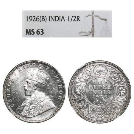 George V, Silver, Half Rupee, 1926, Bombay Mint, Dot. F. Prid 348. GK 1068. NGC Slabbed MS