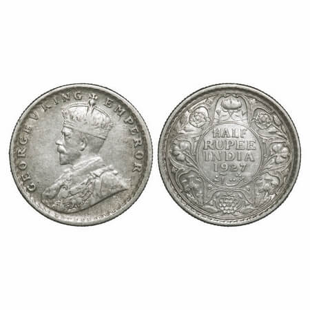 George V, Silver, Half Rupee, 1927, Calcutta Mint, No dot. F. Prid 330. GK 1069. Extremely
