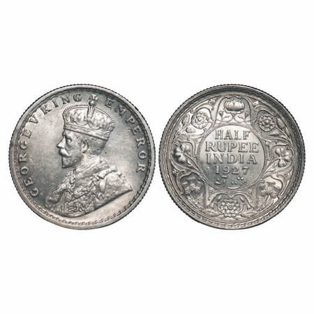 George V, Silver, Half Rupee, 1927, Calcutta Mint, No dot. F. Prid 330. GK 1069. Almost Un