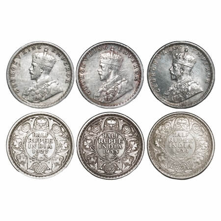 George V, SIlver, Half Rupee (3 coins), 1927, 1933, 1934, Calcutta Mint, No dot. F. Prid 3