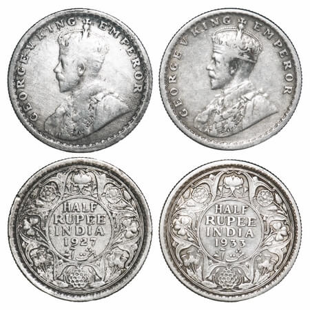 George V, SIlver, Half Rupee (2 coins), 1927, 1933, Calcutta Mint, No dot. F. Prid 330, 33