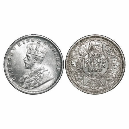 George V, Silver, Half Rupee, 1929, Calcutta Mint, No dot. F. Prid 331. GK 1071. Extremely