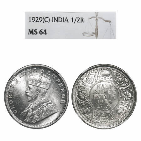 George V, Silver, Half Rupee, 1929, Calcutta Mint, No dot. F. Prid 331. GK 1071. NGC Slabb