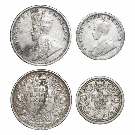 George V, Silver, Half Rupee & 1/4 Rupee, 1929 (2 coins), Calcutta Mint, No dot. F. Prid 3