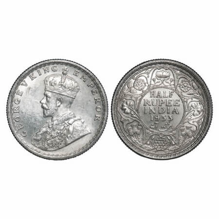 George V, Silver, Half Rupee, 1933, Calcutta Mint, No dot. F. Prid 332. GK 1072. Almost Un
