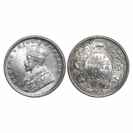 George V, Silver, Half Rupee, 1930, Calcutta Mint, No dot, Die crack on Rev. F. Prid 332. 