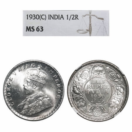 George V, Silver, Half Rupee, 1930, Calcutta Mint, No dot. F. Prid 332. GK 1072. NGC Slabb