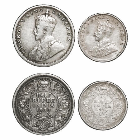 George V, Silver, Half Rupee & 1/4 Rupee, 1930 (2 coins), Calcutta Mint, No dot. F. Prid 3