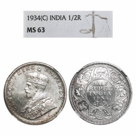 George V, Silver, Half Rupee, 1934, Calcutta Mint, No dot. F. Prid 334. GK 1074. NGC Slabb