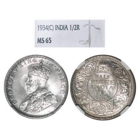 George V, Silver, Half Rupee, 1934, Calcutta Mint, No dot. F. Prid 334. GK 1074. NGC Slabb