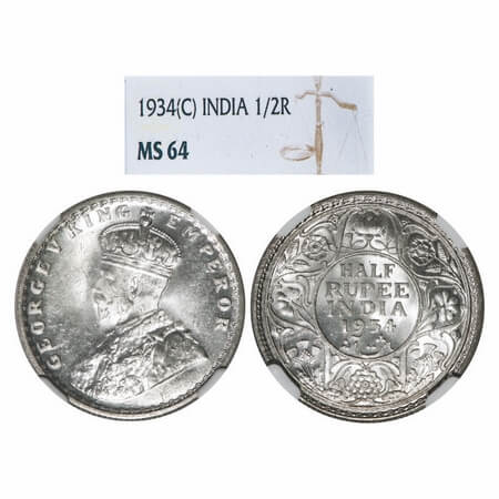 George V, Silver, Half Rupee, 1934, Calcutta Mint, No dot. F. Prid 334. GK 1074. NGC Slabb
