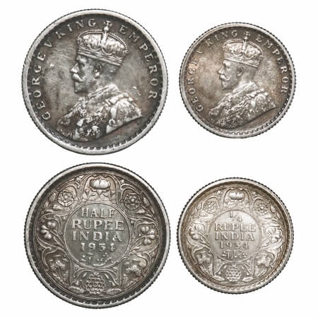 George V, Silver, Half Rupee & 1/4 Rupee, 1934 (2 coins), Calcutta Mint, No dot. F. Prid 3