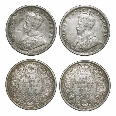 George V, Silver, Half Rupee, 1936 (2 coins), Calcutta Mint, No dot. F. Prid 335. GK 1075.