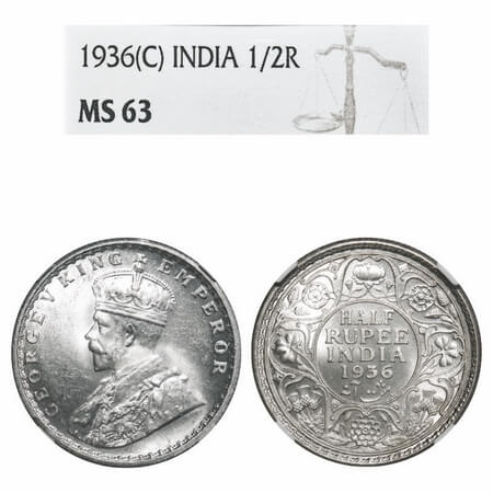 George V, Silver, Half Rupee, 1936, Calcutta Mint, No dot. F. Prid 335. GK 1075. NGC Slabb