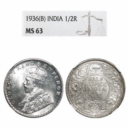 George V, Silver, Half Rupee, 1936, Bombay Mint, Dot. F. Prid 350. GK 1076. NGC Slabbed MS