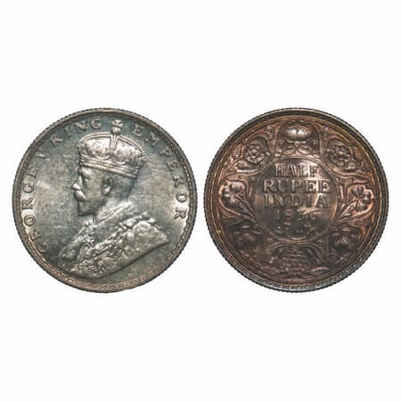 George V, Silver, Half Rupee, 1936, Bombay Mint, Dot, Ghost on Rev. F. Prid 350. GK 1076. 