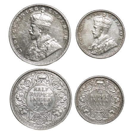 George V, Silver, Half Rupee & 1/4 Rupee, 1936 (2 coins), Bombay Mint, Dot. F. Prid 350, 4