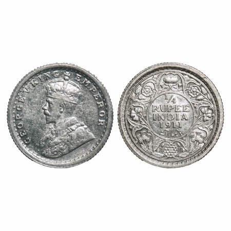 George V, Silver, 1/4 Rupee, 1911, Calcutta mint, No dot, Pig-Type. F. Prid 110. GK 1080. 