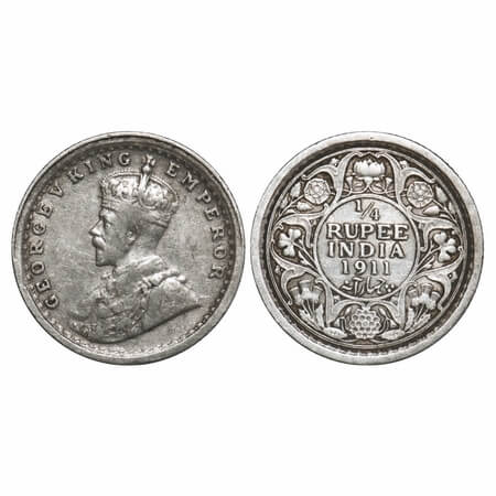 George V, Silver, Quarter Rupee, 1911, Calcutta Mint, No dot, Pig-Type. F. Prid 110. GK 10