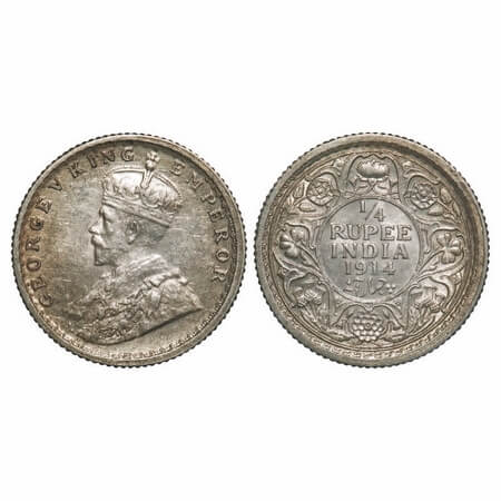 George V, Silver, 1/4 Rupee, 1914, Calcutta Mint, No dot. F. Prid 443. GK 1085. Extremely