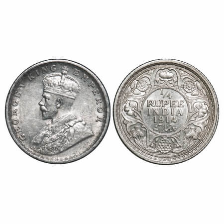 George V, Silver, 1/4 Rupee, 1914, Calcutta Mint, No dot. F. Prid 443. GK 1085. Extremely 