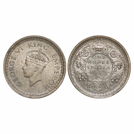 George VI, Half Silver, Rupee, 1945, Bombay Mint, D/II, Dot, Security edge, Normal 5. F. P