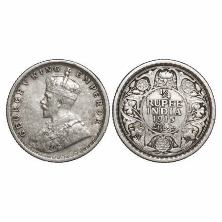 George V, Silver, 1/4 Rupee, 1915, Calcutta Mint, No dot. F. Prid 444. GK 1087. Very Fine+