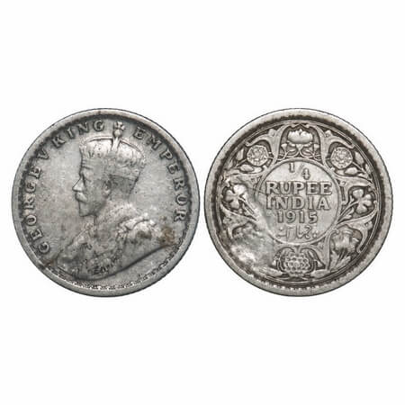 George V, Silver, 1/4 Rupee, 1915, Calcutta Mint, No dot, Error, Struck through Error on R