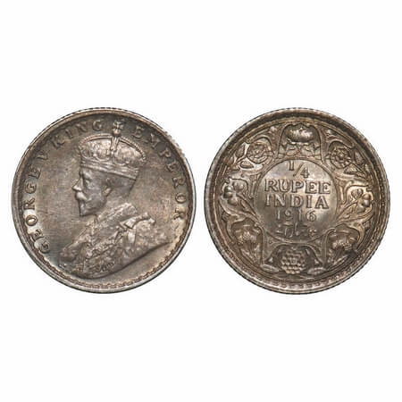 George V, Silver, 1/4 Rupee, 1916, Calcutta Mint, No dot. F. Prid 445. GK 1089. Extremely 
