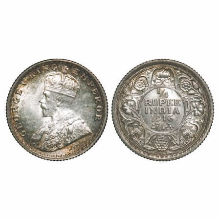 George V, Silver, 1/4 Rupee, 1916, Calcutta Mint, No dot, Ghost on Rev. F. Prid. GK 1089. 