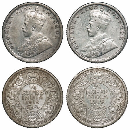George V, Silver, 1/4 Rupee, 1918, 1919, (2 coins), Calcutta Mint, No dot. F. Prid 447, 44