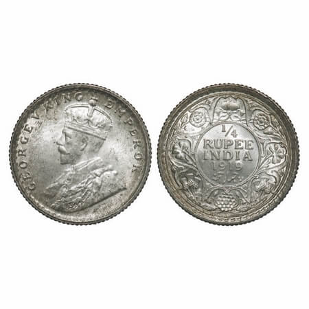 George V, Silver, 1/4 Rupee, 1919, Calcutta Mint, No dot, Ghost on Rev. F. Prid 448. GK 10