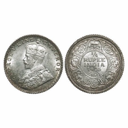George V, Silver, 1/4 Rupee, 1925, Bombay Mint, Dot. F. Prid 458. GK 1093. Uncirculated. V