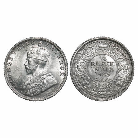 George V, Silver, 1/4 Rupee, 1925, Bombay Mint, Dot. F. Prid 458. GK 1093. Uncirculated. V