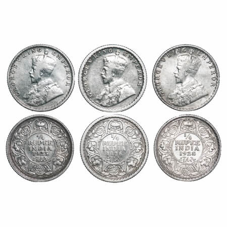 George V, Silver, 1/4 Rupee (3 coins), 1) 1925, Bombay Mint, Dot, 2) 1926, Calcutta Mint, 