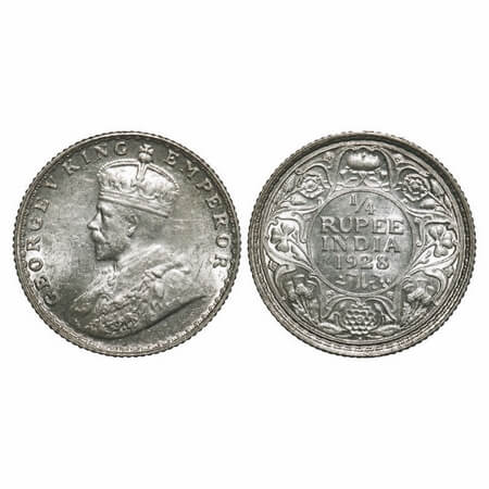 George V, Silver, 1/4 Rupee, 1928, Bombay Mint, Dot. F. Prid 459. GK 1095. Brilliant Uncir