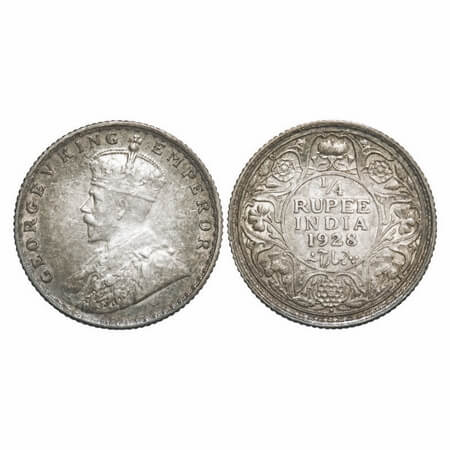 George V, Silver, 1/4 Rupee, 1928, Bombay Mint , Dot. F. Prid 459. GK 1095. Very Fine. Sca